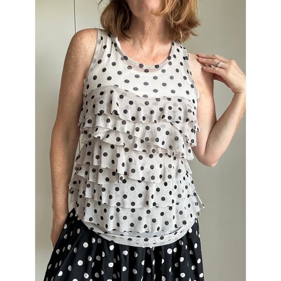 Y2K Polka Dot top Grey Black Womens Size Med Sleeveless Ruffle Layering - Picture 1 of 6